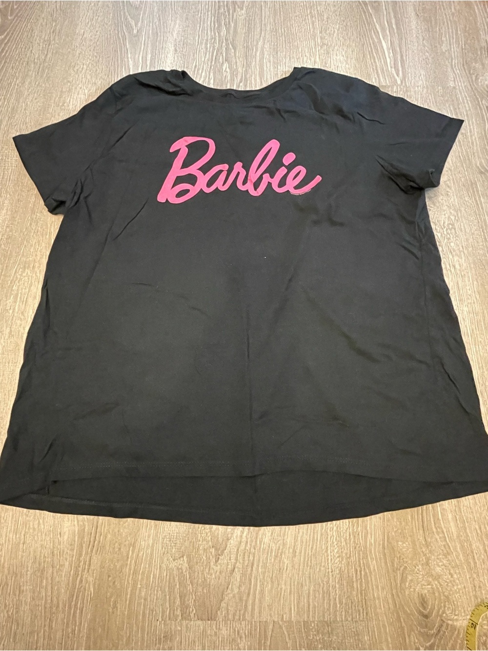 Black Barbie cotton t-shirt with pink 'Barbie' logo, size XL